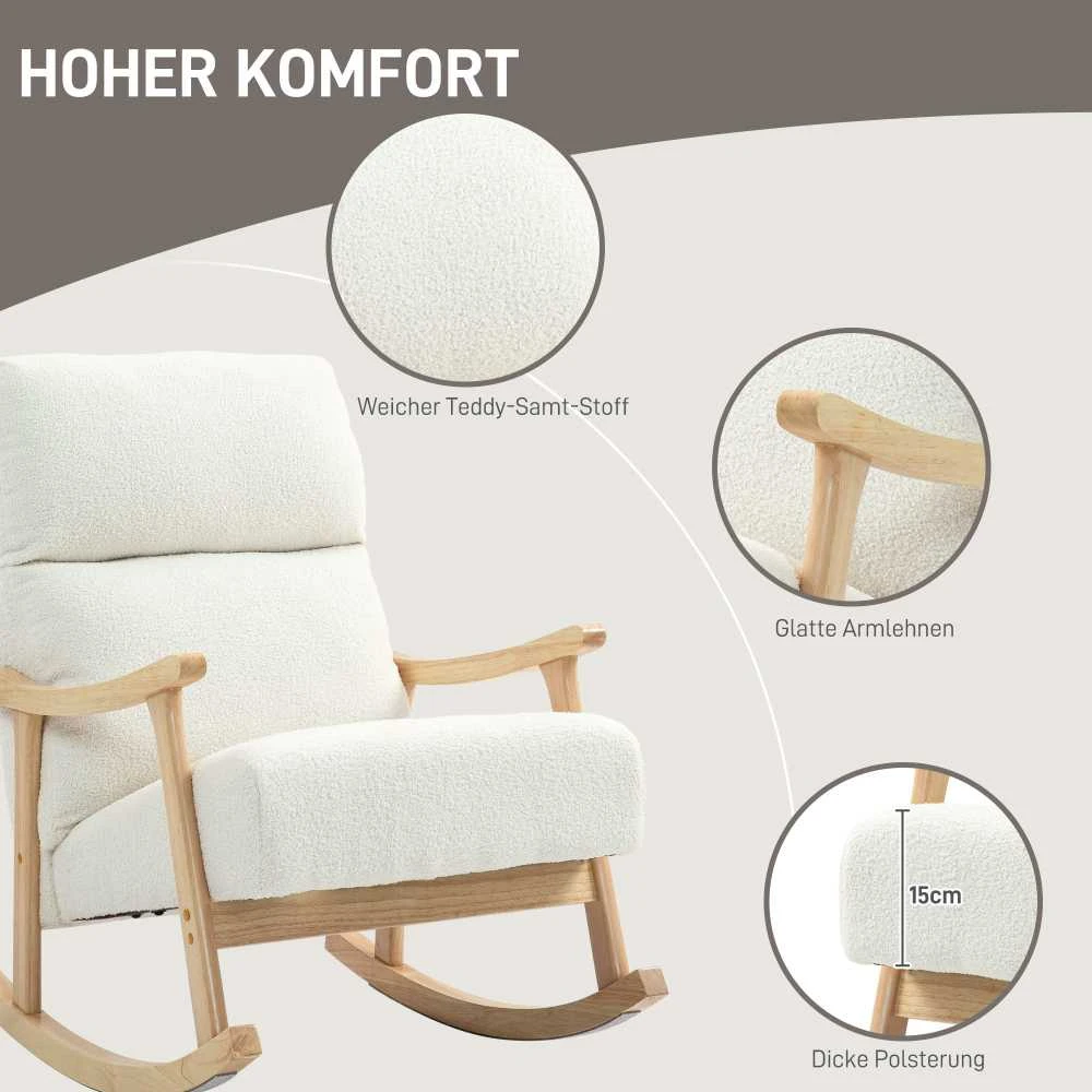 HOMCOM supamasis krėslas, ergonomiškas krėslas su siūbavimo funkcija, fotelis su porankiais, krėslas maitinimui su aksomo išvaizda, supamasis krėslas iki 120 kg, miegamajam, svetainei, kreminės baltos spalvos