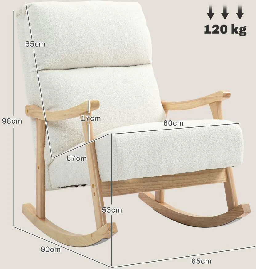HOMCOM supamasis krėslas, ergonomiškas krėslas su siūbavimo funkcija, fotelis su porankiais, krėslas maitinimui su aksomo išvaizda, supamasis krėslas iki 120 kg, miegamajam, svetainei, kreminės baltos spalvos