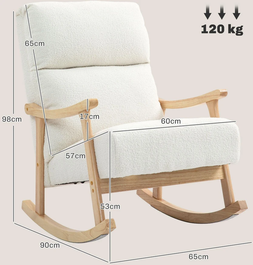 HOMCOM supamasis krėslas, ergonomiškas krėslas su siūbavimo funkcija, fotelis su porankiais, krėslas maitinimui su aksomo išvaizda, supamasis krėslas iki 120 kg, miegamajam, svetainei, kreminės baltos spalvos