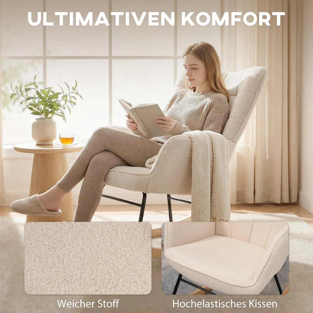 HOMCOM supamoji kėdė, krėslas, akcentinė kėdė, poilsio kėdė su berberų vilna, miegamajam, iki 120 kg, smėlio spalvos, 71x92x101 cm