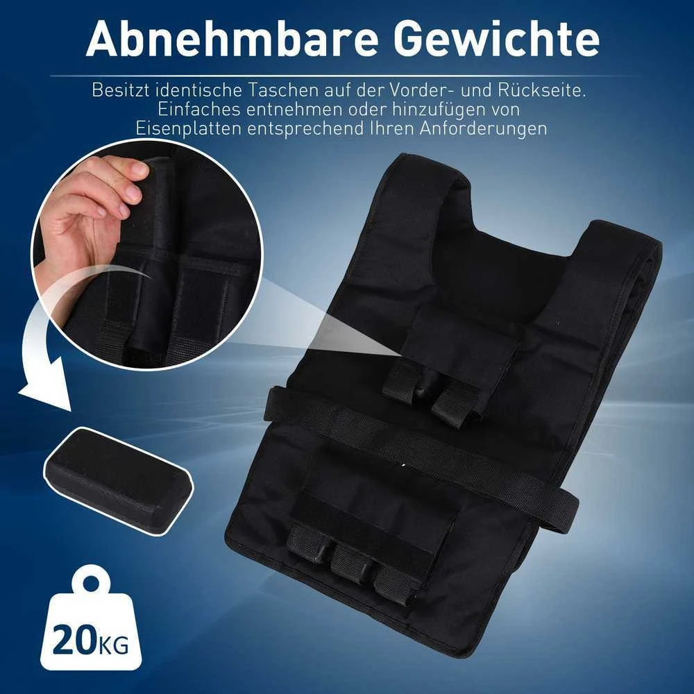 HOMCOM svorio liemenė 20 kg treniruočių liemenė reguliuojama jėgos treniruočių fitneso liemenė oksfordinė geležis juoda 36 x 52 cm