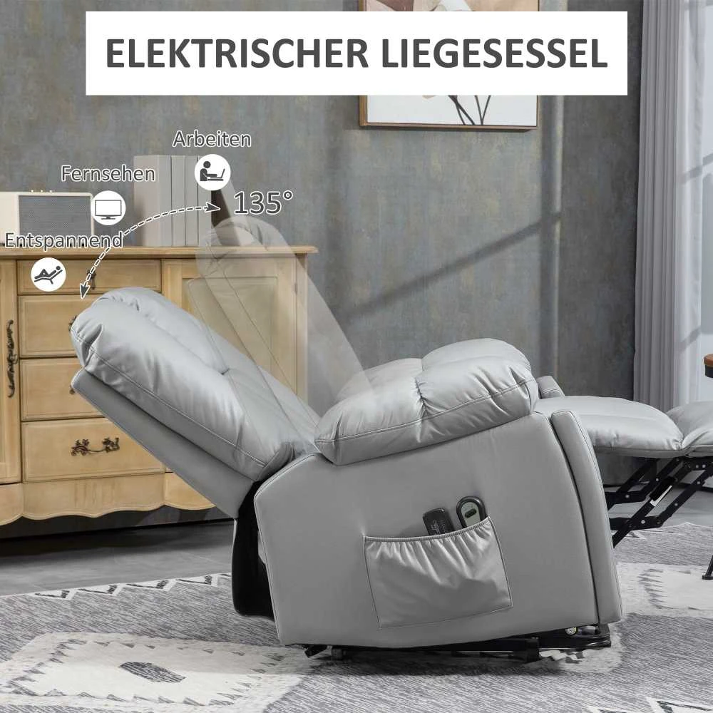 HOMCOM elektrinis fotelis su kėlimo funkcija, atlošiamas masažinis fotelis su vibracija, kišeninėmis spyruoklėmis, nuotolinio valdymo pulteliu, puodelių laikikliu ir šonine kišene, tamsiai pilkas