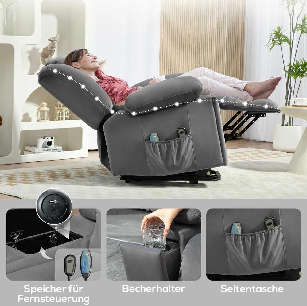 Fotelis HOMCOM elektrinis pakeliamas televizoriaus krėslas, masažo, šildymo ir atlošimo funkcijos, krėslas su puodelių laikikliu, daiktadėže, USB jungtimis ir nuotolinio valdymo pulteliu, aksominis, tamsiai pilkas