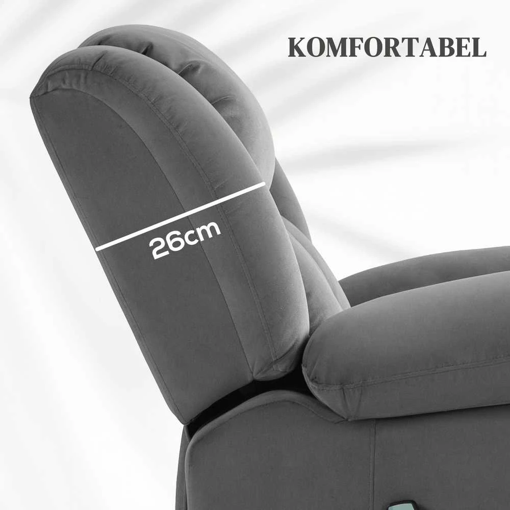 Fotelis HOMCOM elektrinis pakeliamas televizoriaus krėslas, masažo, šildymo ir atlošimo funkcijos, krėslas su puodelių laikikliu, daiktadėže, USB jungtimis ir nuotolinio valdymo pulteliu, aksominis, tamsiai pilkas