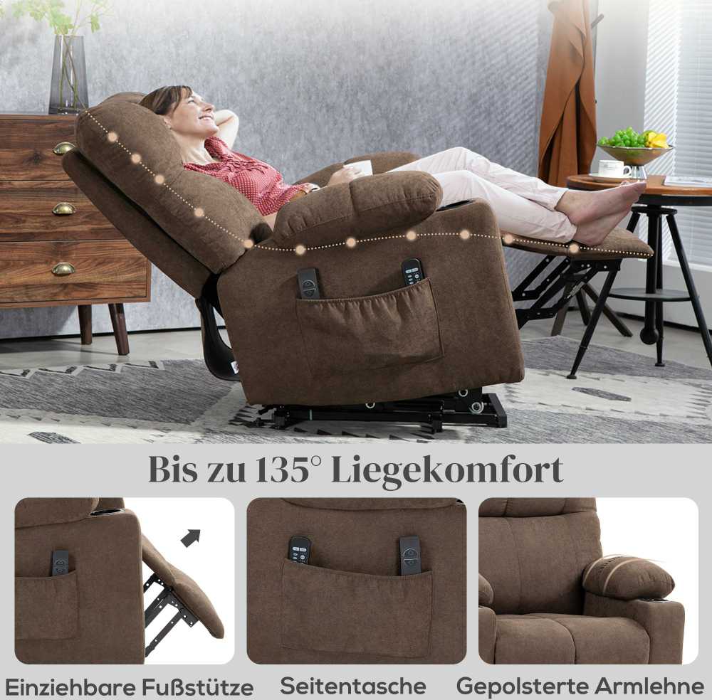 HOMCOM elektrinis fotelis su pakėlimo funkcija, atsipalaidavimo kėdė su atlošimo, šildymo ir masažo funkcijomis, TV fotelis su spyruokline sistema, nuotolinio valdymo pulteliu, šonine kišene ir puodelių laikikliu, rudas
