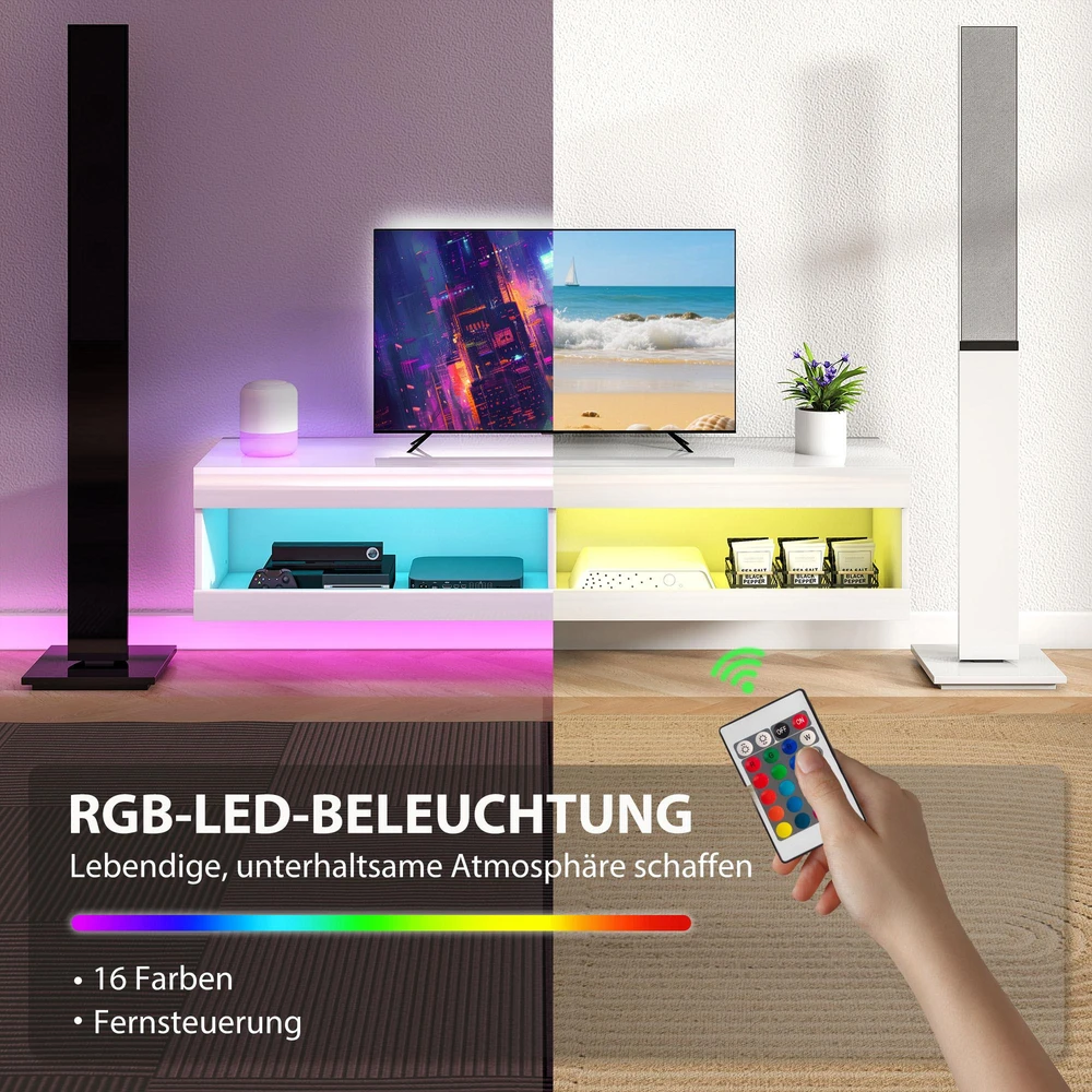 TV staliukas HOMCOM TV spintelė, pakabinama TV komoda su RGB LED apšvietimu (16 spalvų), TV stovas su atvira erdve daiktams, 55–60 colių televizoriams, svetainei, miegamajam, 140 x 40 x 30 cm, blizgi balta