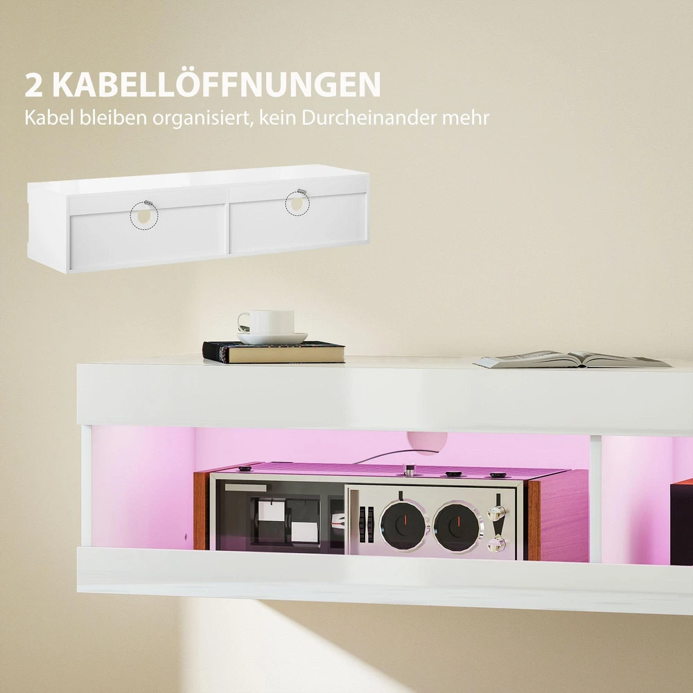 TV staliukas HOMCOM TV spintelė, pakabinama TV komoda su RGB LED apšvietimu (16 spalvų), TV stovas su atvira erdve daiktams, 55–60 colių televizoriams, svetainei, miegamajam, 140 x 40 x 30 cm, blizgi balta