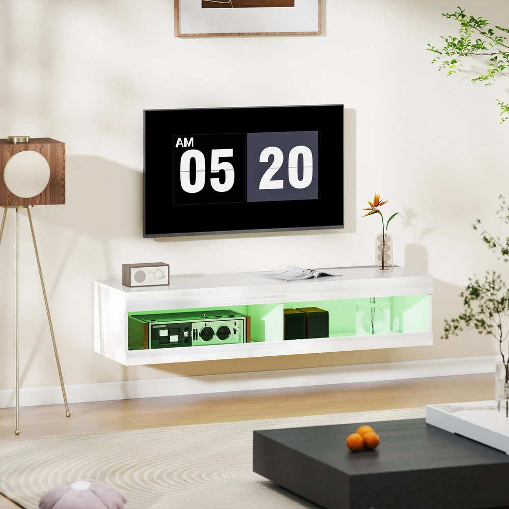 TV staliukas HOMCOM TV spintelė, pakabinama TV komoda su RGB LED apšvietimu (16 spalvų), TV stovas su atvira erdve daiktams, 55–60 colių televizoriams, svetainei, miegamajam, 140 x 40 x 30 cm, blizgi balta
