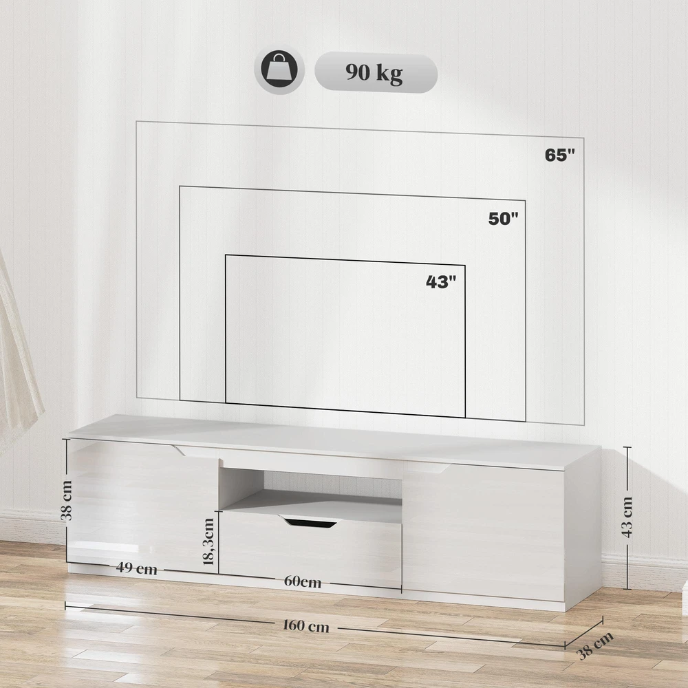 TV staliukas HOMCOM TV spintelė su 2 durelėmis, stalčiumi, 160 cm ilgio, televizoriams iki 65 colių, balta