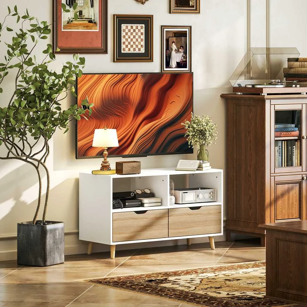 "HOMCOM" televizoriaus spintelė su 2 lentynomis ir stalčiumi, 99 cm ilgio TV staliukas televizoriui, televizoriaus lenta svetainėje, balta