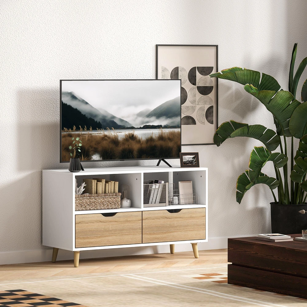"HOMCOM" televizoriaus spintelė su 2 lentynomis ir stalčiumi, 99 cm ilgio TV staliukas televizoriui, televizoriaus lenta svetainėje, balta