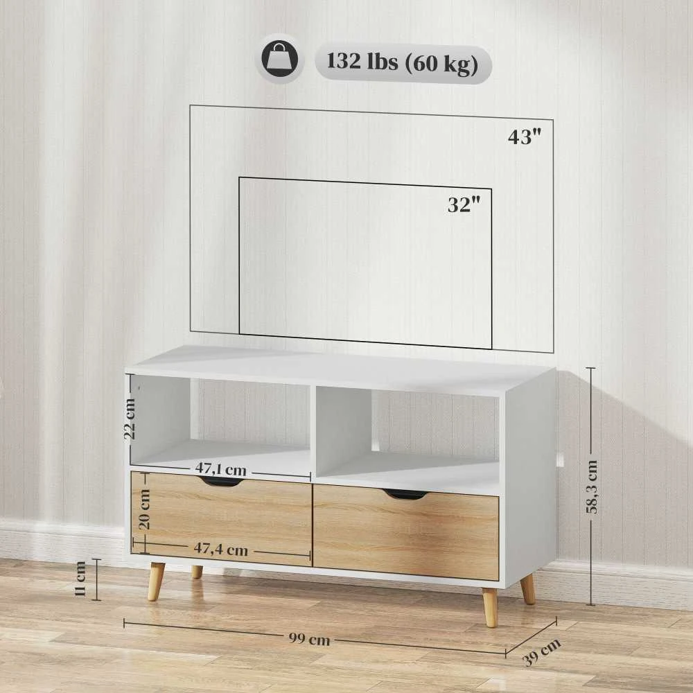 "HOMCOM" televizoriaus spintelė su 2 lentynomis ir stalčiumi, 99 cm ilgio TV staliukas televizoriui, televizoriaus lenta svetainėje, balta