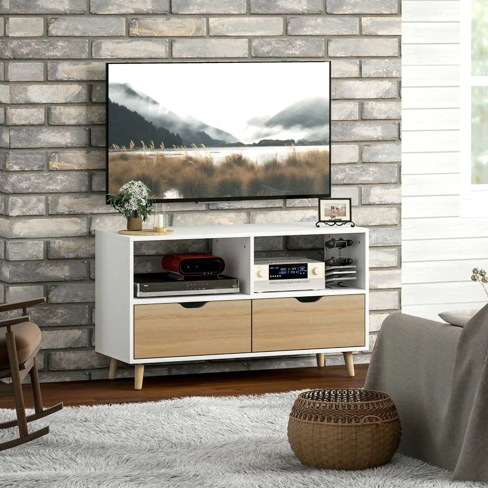 "HOMCOM" televizoriaus spintelė su 2 lentynomis ir stalčiumi, 99 cm ilgio TV staliukas televizoriui, televizoriaus lenta svetainėje, balta