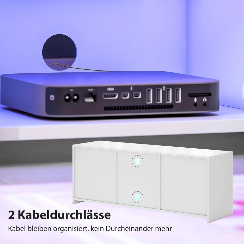 TV staliukas HOMCOM TV komoda su LED apšvietimu, 2 durelės, stiklinė lentyna, kabelių angos, svetainei, medžio drožlių plokštė, balta