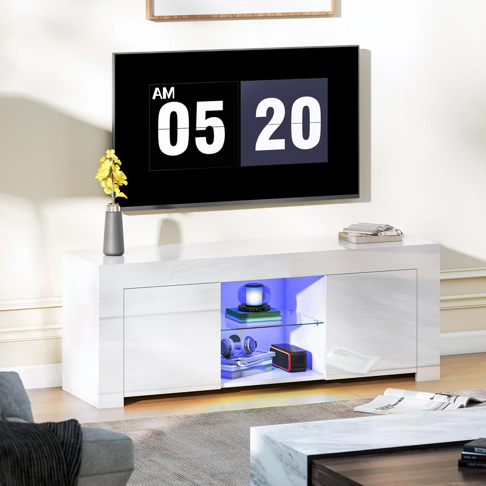 TV staliukas HOMCOM TV komoda su LED apšvietimu, 2 durelės, stiklinė lentyna, kabelių angos, svetainei, medžio drožlių plokštė, balta
