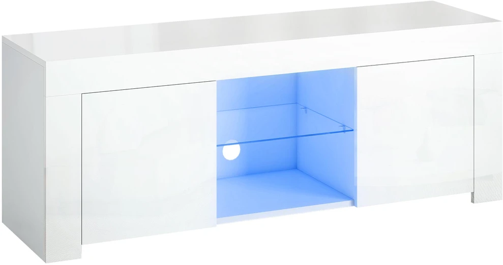 TV staliukas HOMCOM TV komoda su LED apšvietimu, 2 durelės, stiklinė lentyna, kabelių angos, svetainei, medžio drožlių plokštė, balta