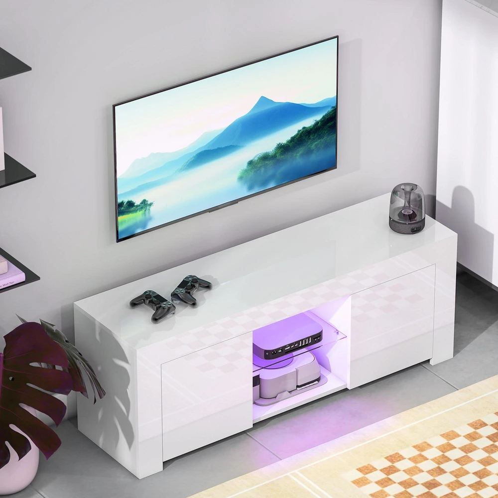 TV staliukas HOMCOM TV komoda su LED apšvietimu, 2 durelės, stiklinė lentyna, kabelių angos, svetainei, medžio drožlių plokštė, balta