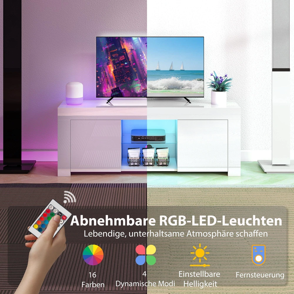 TV staliukas HOMCOM TV komoda su LED apšvietimu, 2 durelės, stiklinė lentyna, kabelių angos, svetainei, medžio drožlių plokštė, balta