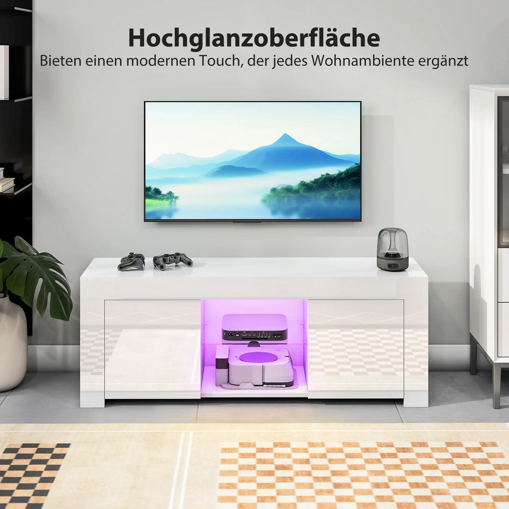 TV staliukas HOMCOM TV komoda su LED apšvietimu, 2 durelės, stiklinė lentyna, kabelių angos, svetainei, medžio drožlių plokštė, balta