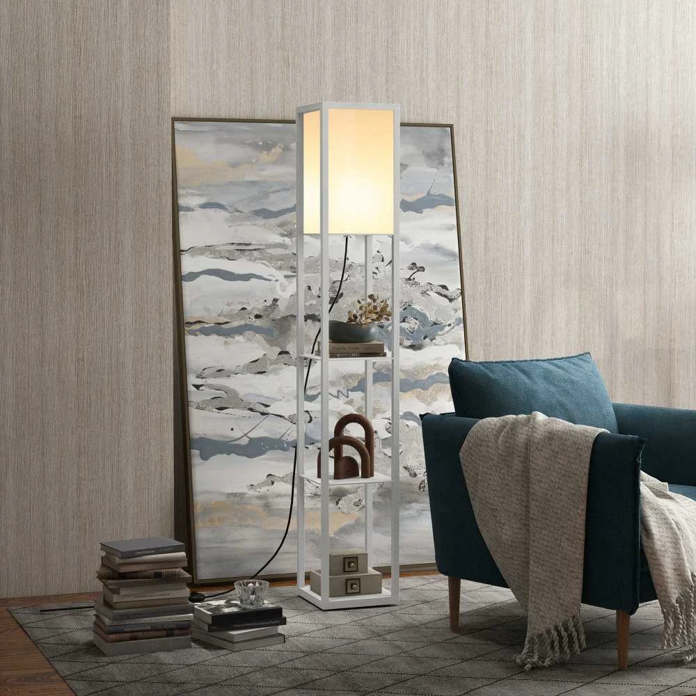 HOMCOM pastatomas šviestuvas, elegantiška lempa su 3 lentynomis, E27 iki 40W, svetainei/miegamajam, E1-MDF ir akrilas, balta, 26x26x160cm