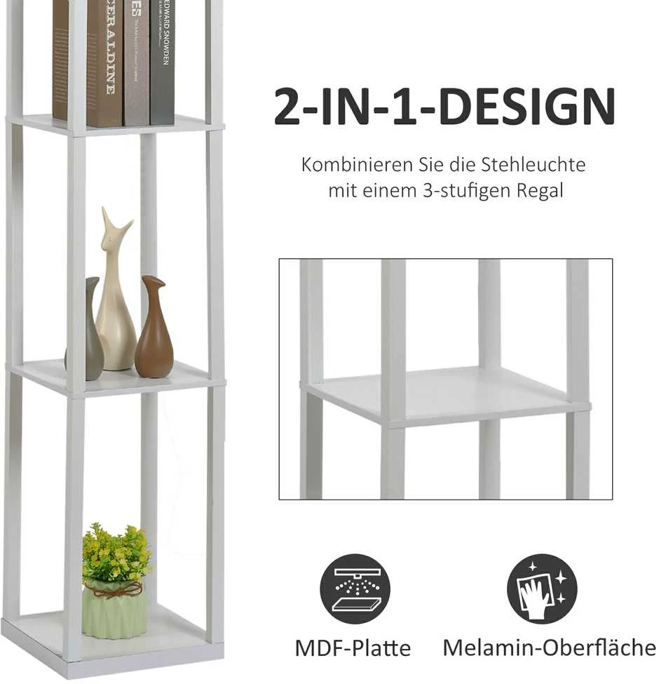HOMCOM pastatomas šviestuvas, elegantiška lempa su 3 lentynomis, E27 iki 40W, svetainei/miegamajam, E1-MDF ir akrilas, balta, 26x26x160cm