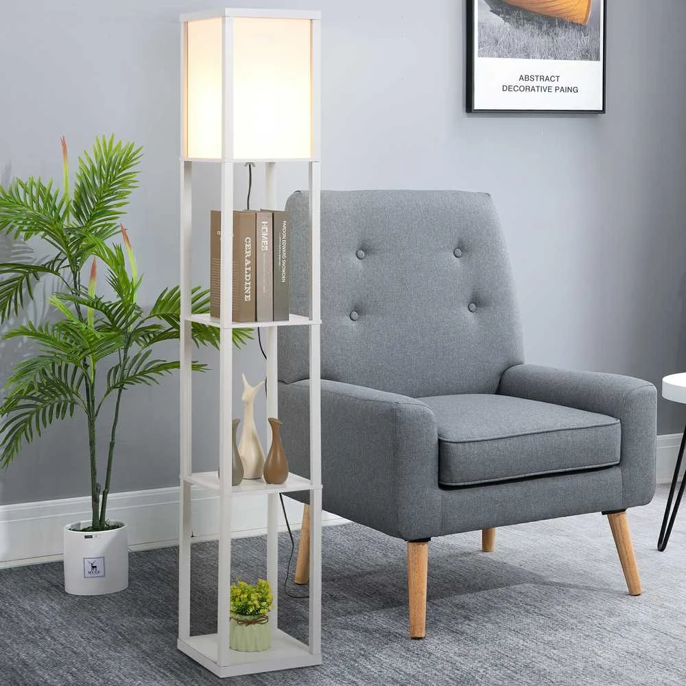 HOMCOM pastatomas šviestuvas, elegantiška lempa su 3 lentynomis, E27 iki 40W, svetainei/miegamajam, E1-MDF ir akrilas, balta, 26x26x160cm