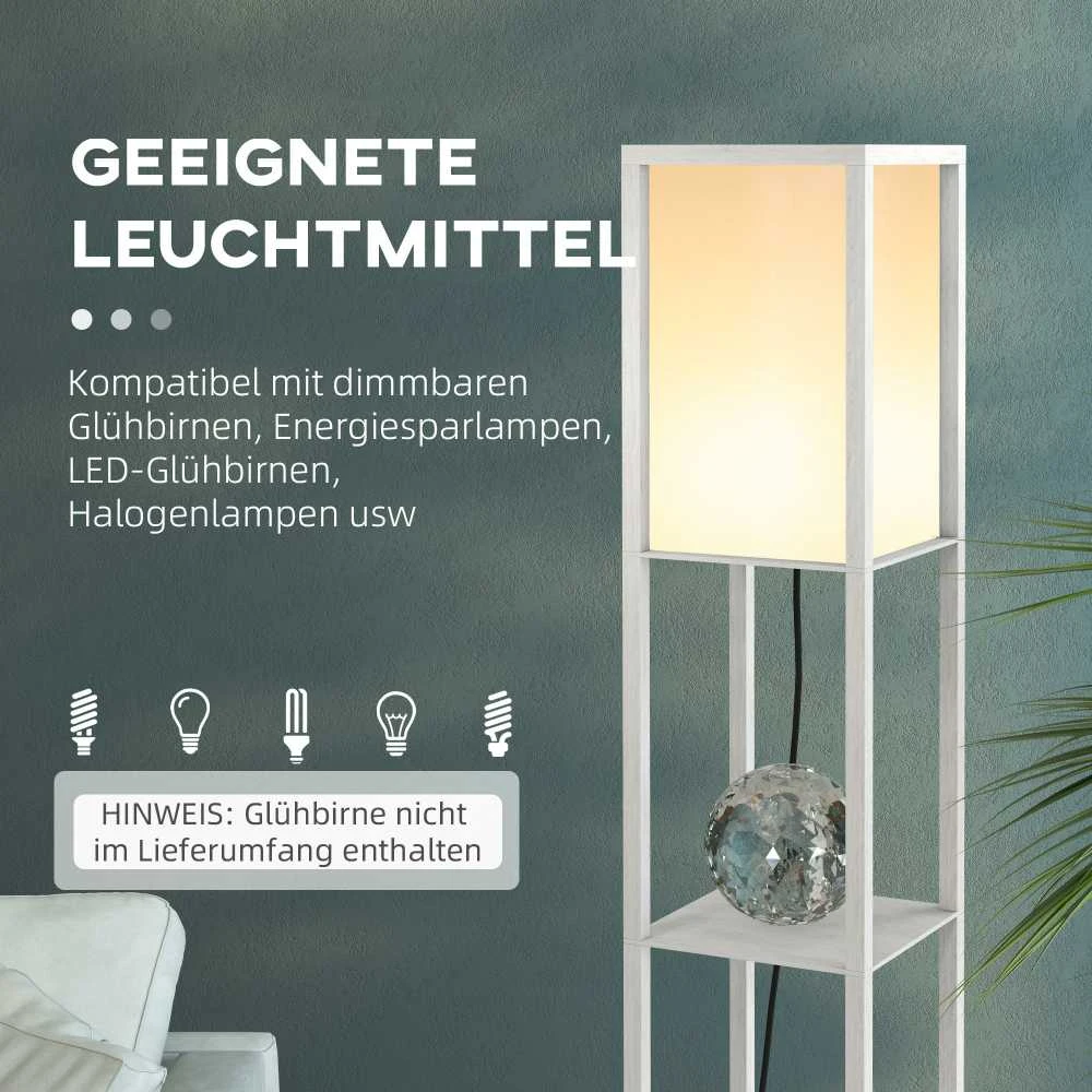 HOMCOM pastatomas šviestuvas, elegantiška lempa su 3 lentynomis, E27 iki 40W, svetainei/miegamajam, E1-MDF ir akrilas, balta, 26x26x160cm