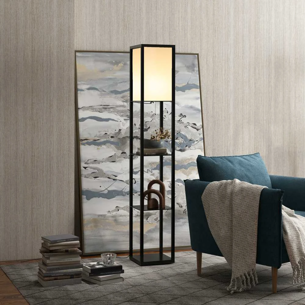 Grindų lempa su lentynomis, 26x26x160 cm, juoda