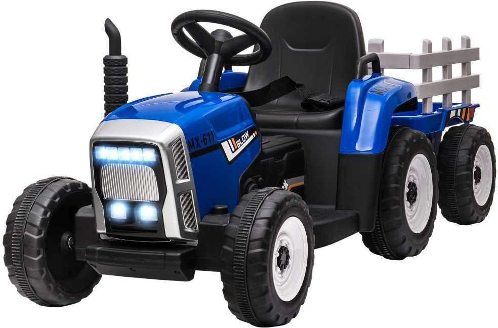 HOMCOM traktorius su priekaba vaikams, važiuojamas elektromobilis su nuotolinio valdymo pulteliu, MP3 grotuvu, žibintais, 3-6 km/h, 3-6 metams, mėlynas