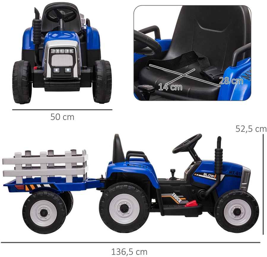 HOMCOM traktorius su priekaba vaikams, važiuojamas elektromobilis su nuotolinio valdymo pulteliu, MP3 grotuvu, žibintais, 3-6 km/h, 3-6 metams, mėlynas