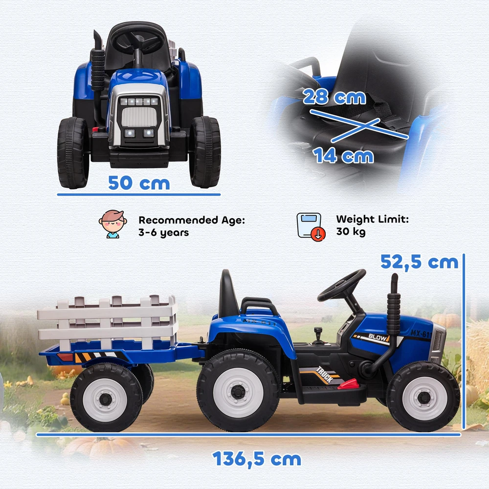 HOMCOM traktorius su priekaba vaikams, važiuojamas elektromobilis su nuotolinio valdymo pulteliu, MP3 grotuvu, žibintais, 3-6 km/h, 3-6 metams, mėlynas