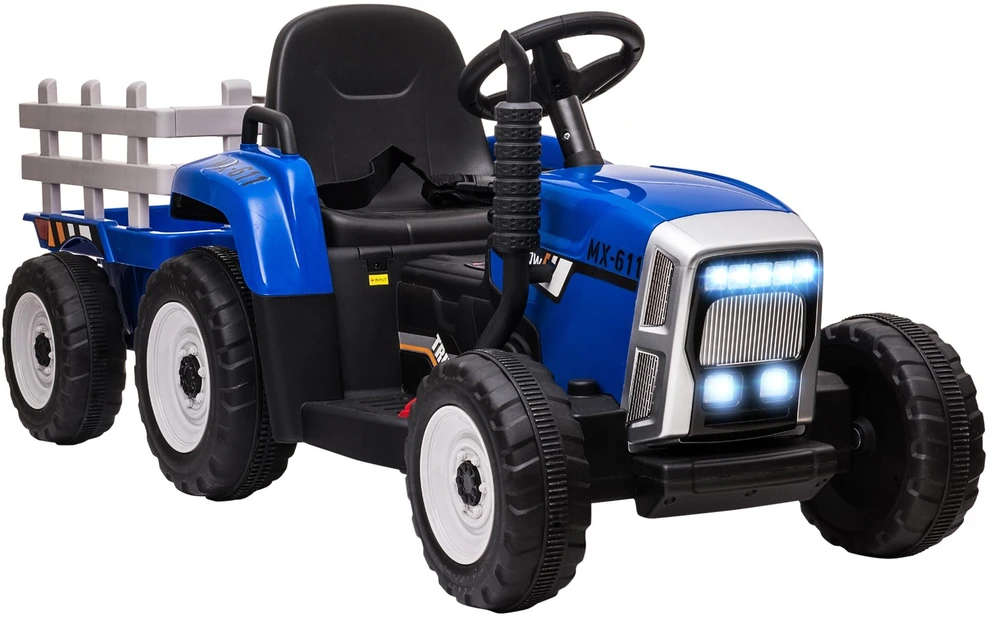 HOMCOM traktorius su priekaba vaikams, važiuojamas elektromobilis su nuotolinio valdymo pulteliu, MP3 grotuvu, žibintais, 3-6 km/h, 3-6 metams, mėlynas