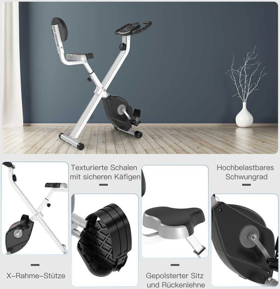 HOMCOM F-Bike treniruoklis, dviračio treniruoklis su 8 lygių magnetiniu pasipriešinimu, reguliuojamo aukščio, plieno, juodos ir pilkos spalvos, 43x97x109 cm