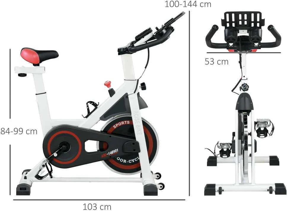 HOMCOM stacionarus dviratis treniruoklis su LCD ekranu, reguliuojama sėdyne, ratukais, patalpų fitneso dviratis su puodelių laikikliu namams, plieno, baltas