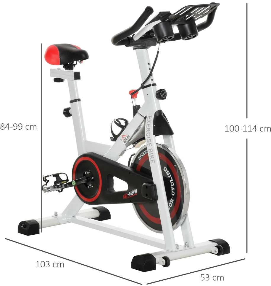 HOMCOM stacionarus dviratis treniruoklis su LCD ekranu, reguliuojama sėdyne, ratukais, patalpų fitneso dviratis su puodelių laikikliu namams, plieno, baltas