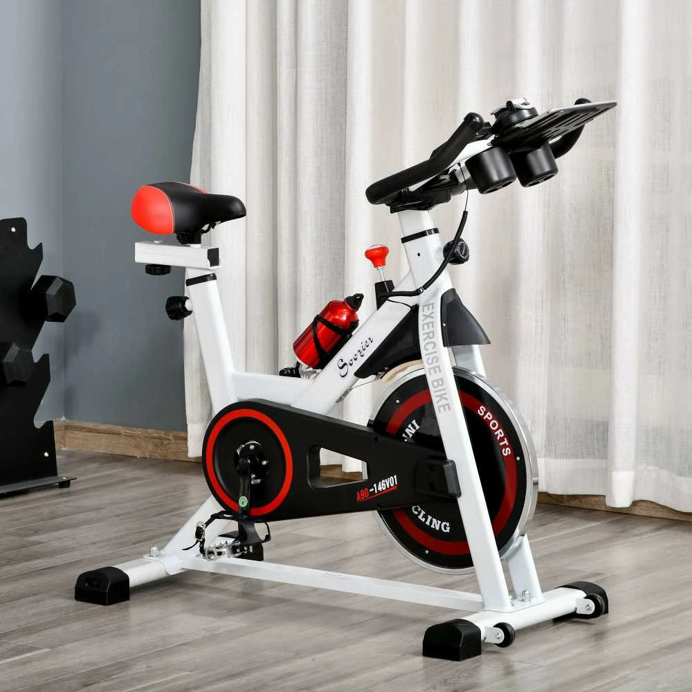 HOMCOM stacionarus dviratis treniruoklis su LCD ekranu, reguliuojama sėdyne, ratukais, patalpų fitneso dviratis su puodelių laikikliu namams, plieno, baltas