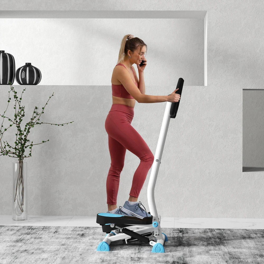 HOMCOM treniruoklis „Swing Stepper“ su LCD ekranu ir rankena, namų treniruoklis iki 100 kg, plienas/ABS, mėlynas, 55 x 44 x 108 cm | Aosom