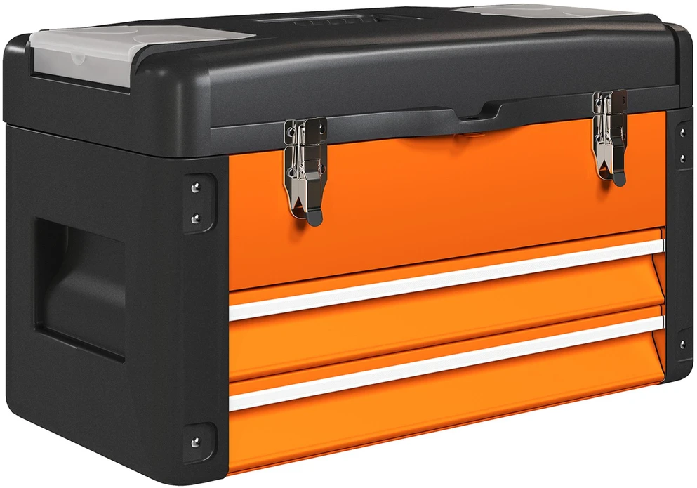 HOMCOM tuščia įrankių dėžė, 49,7 x 25,3 x 28,9 cm, įrankių dėžė su stalčiumi, mini dėžutė, viršutinis skyrius, rankena, plieno įrankių lagaminas, oranžinė