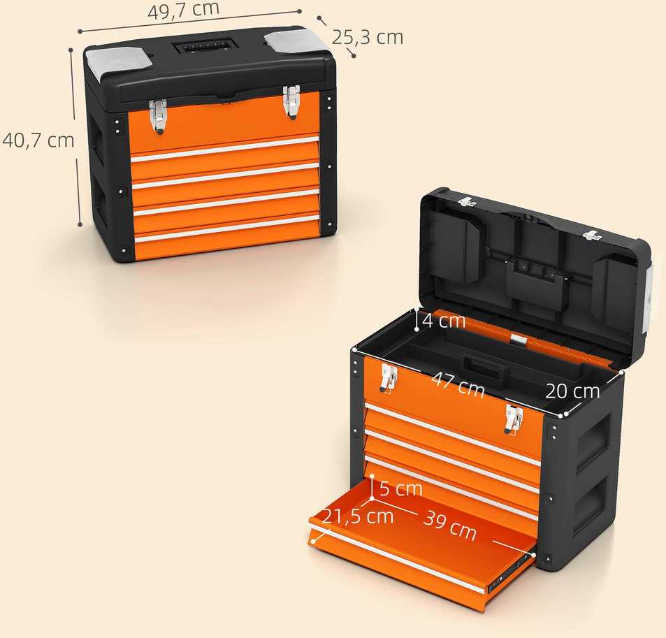 HOMCOM tuščia įrankių dėžė, 49,7 x 25,3 x 40,7 cm, su 4 stalčiais, mini dėžė, viršutinis skyrius, rankena, plieninė įrankių dėžė, oranžinė