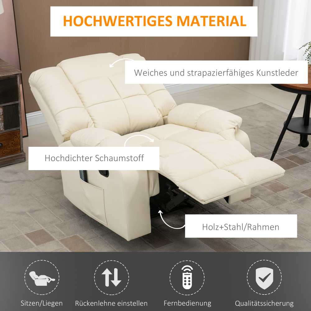 HOMCOM masažinis fotelis, televizoriaus fotelis, elektrinis poilsio fotelis su masažo funkcija, dirbtinė oda, medis, plienas, putplastis, kreminė balta, 94 x 99 x 99 cm