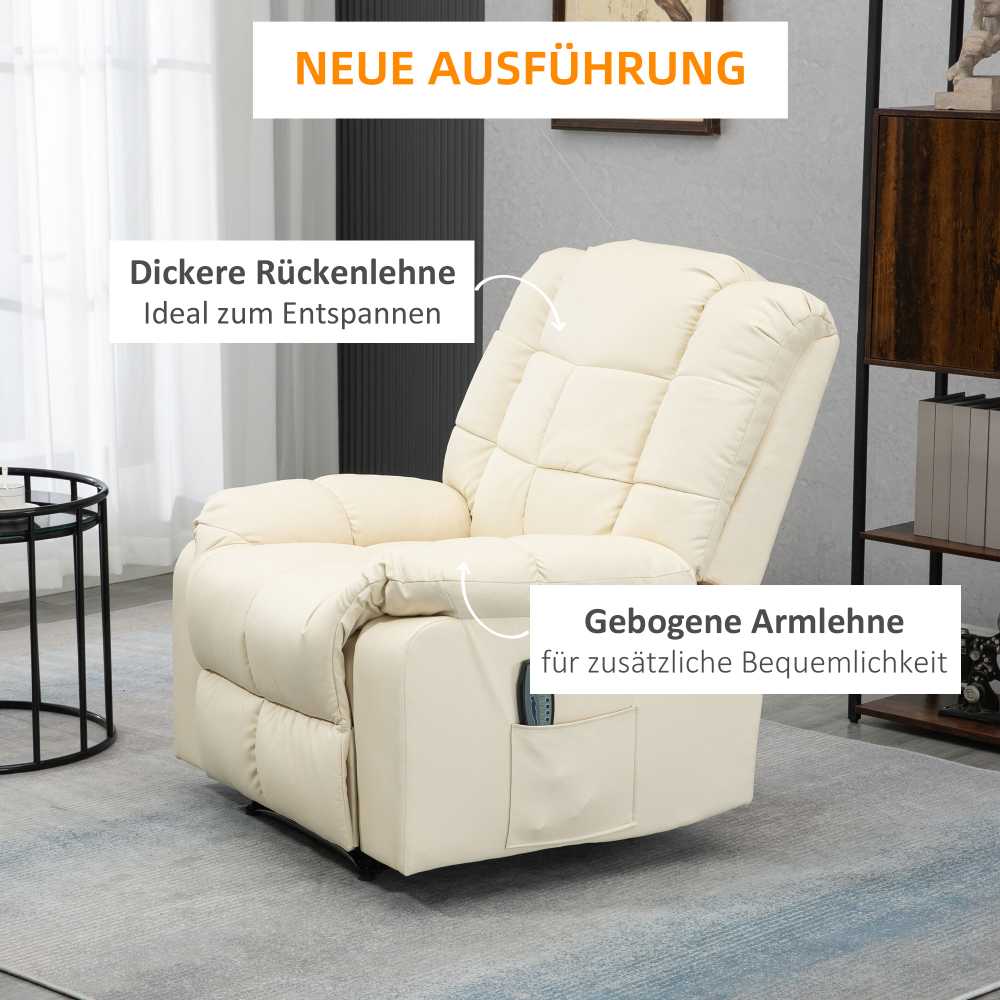 HOMCOM masažinis fotelis, televizoriaus fotelis, elektrinis poilsio fotelis su masažo funkcija, dirbtinė oda, medis, plienas, putplastis, kreminė balta, 94 x 99 x 99 cm