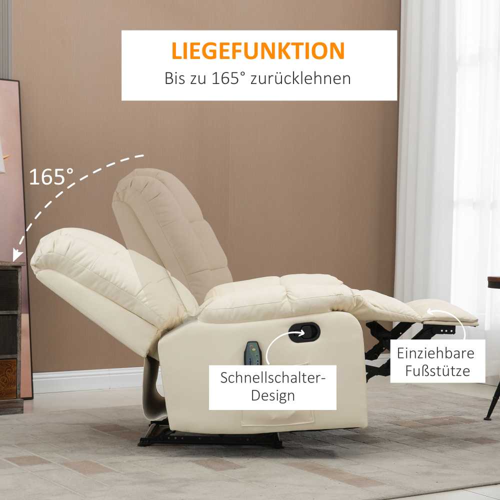 HOMCOM masažinis fotelis, televizoriaus fotelis, elektrinis poilsio fotelis su masažo funkcija, dirbtinė oda, medis, plienas, putplastis, kreminė balta, 94 x 99 x 99 cm