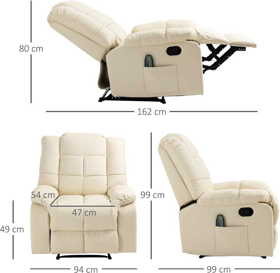 HOMCOM masažinis fotelis, televizoriaus fotelis, elektrinis poilsio fotelis su masažo funkcija, dirbtinė oda, medis, plienas, putplastis, kreminė balta, 94 x 99 x 99 cm