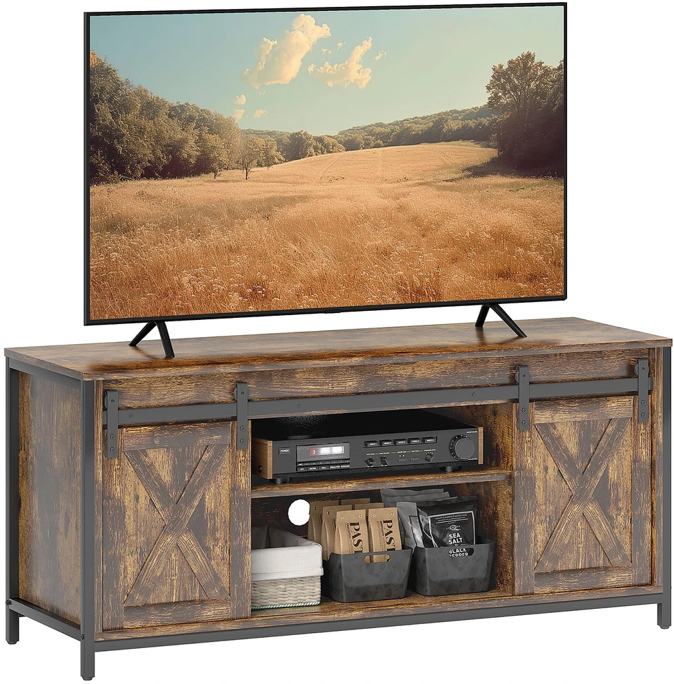 TV staliukas HOMCOM TV spintelė, televizoriaus staliukas iki 60 colių televizoriams, televizoriaus stovas su 2 spintelėmis ir 2 lentynomis, televizoriaus spintelė svetainei, 120 x 40 x 54 cm, ruda
