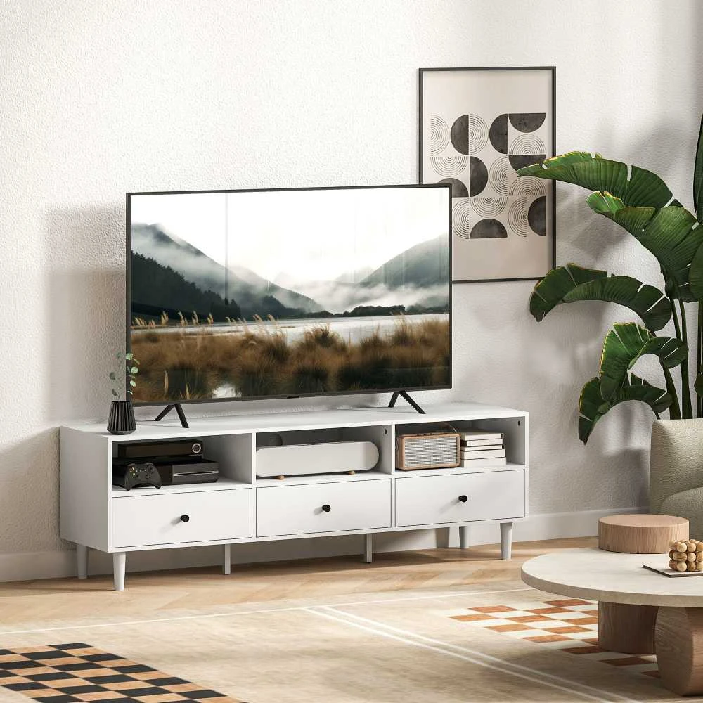 HOMCOM TV spintelė, TV staliukas su stalčiais, 3 atviros lentynos, 140 cm ilgio, TV žemo profilio spintelė su kabelių valdymu televizoriams iki 75 colių, svetainės televizoriaus staliukas, balta, 140x34x45 cm
