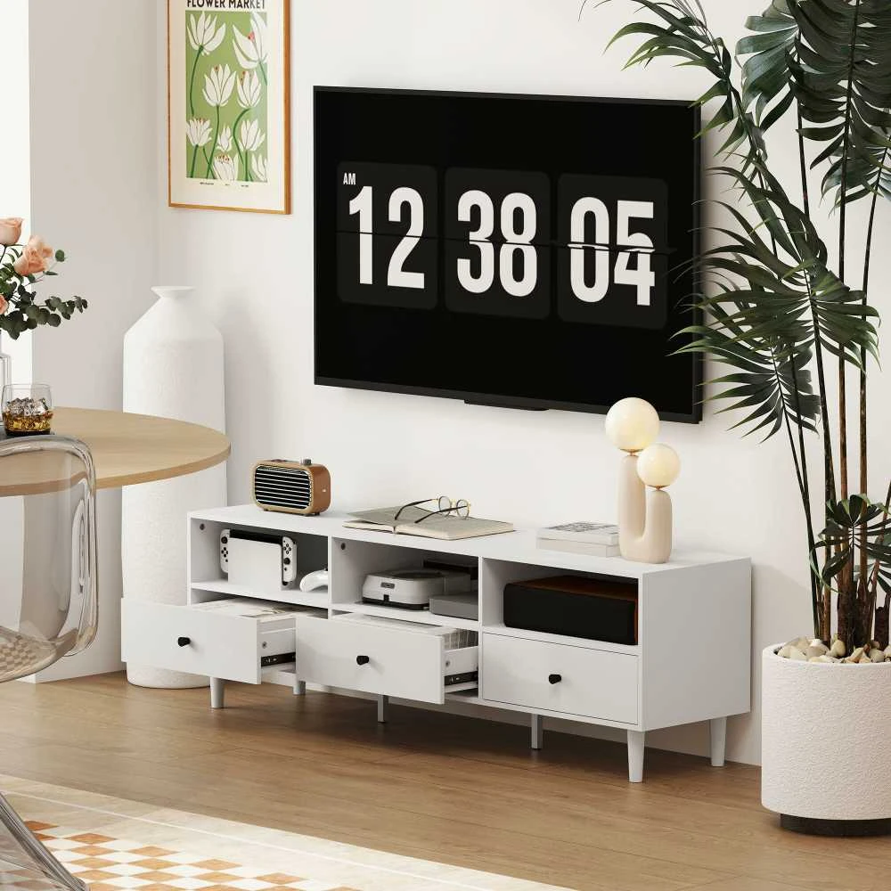 HOMCOM TV spintelė, TV staliukas su stalčiais, 3 atviros lentynos, 140 cm ilgio, TV žemo profilio spintelė su kabelių valdymu televizoriams iki 75 colių, svetainės televizoriaus staliukas, balta, 140x34x45 cm