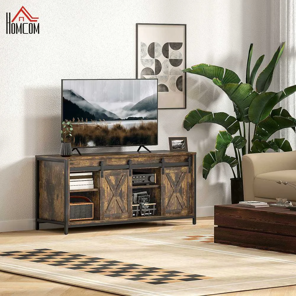 TV staliukas HOMCOM TV spintelė, televizoriaus staliukas iki 60 colių televizoriams, televizoriaus stovas su 2 spintelėmis ir 2 lentynomis, televizoriaus spintelė svetainei, 120 x 40 x 54 cm, ruda