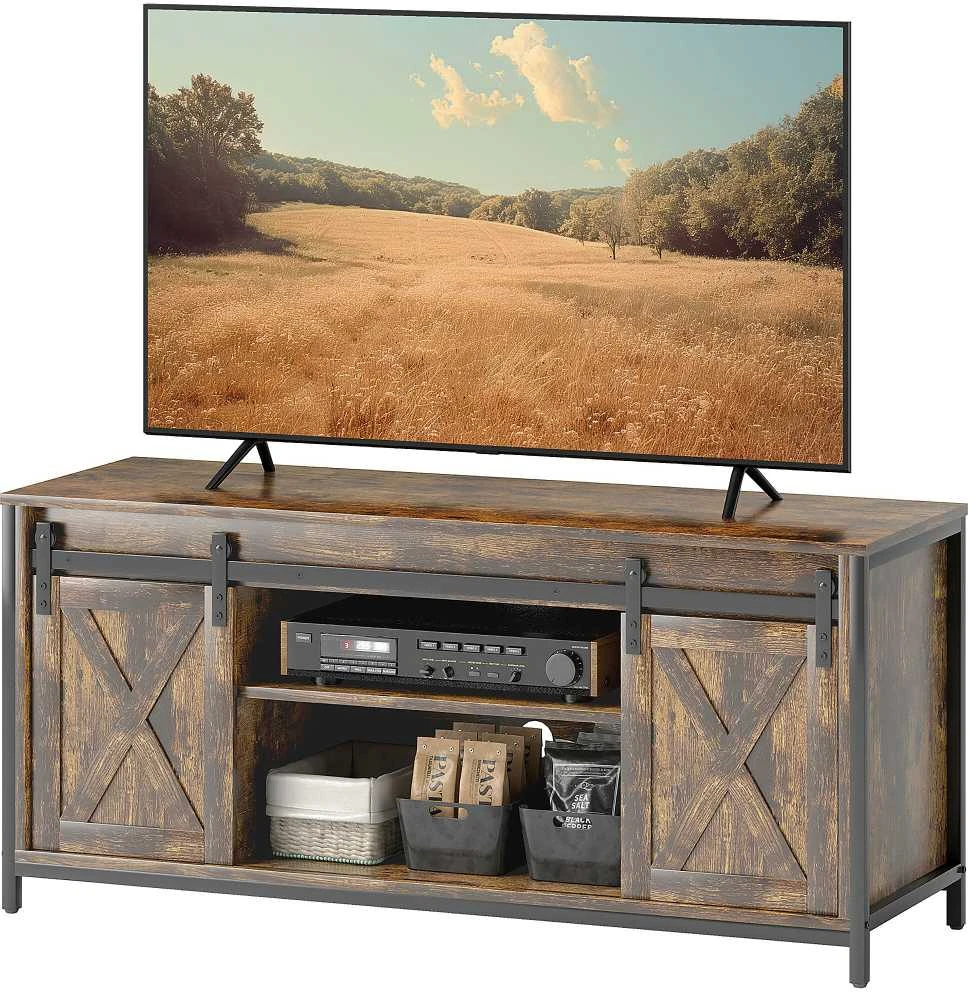 TV staliukas HOMCOM TV spintelė, televizoriaus staliukas iki 60 colių televizoriams, televizoriaus stovas su 2 spintelėmis ir 2 lentynomis, televizoriaus spintelė svetainei, 120 x 40 x 54 cm, ruda