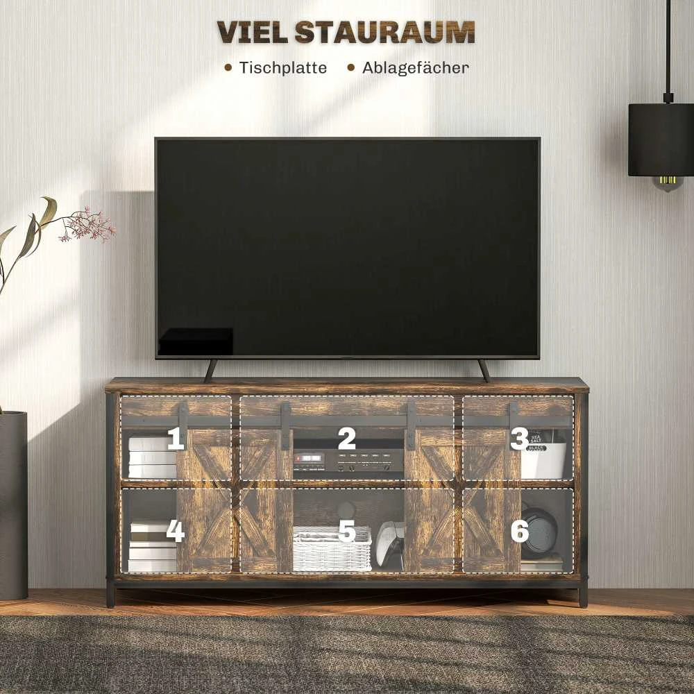 TV staliukas HOMCOM TV spintelė, televizoriaus staliukas iki 60 colių televizoriams, televizoriaus stovas su 2 spintelėmis ir 2 lentynomis, televizoriaus spintelė svetainei, 120 x 40 x 54 cm, ruda
