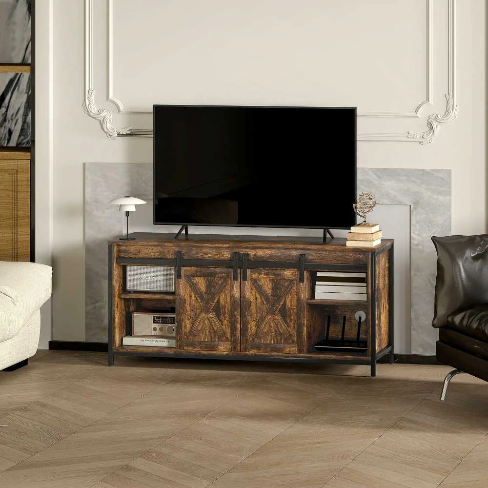 TV staliukas HOMCOM TV spintelė, televizoriaus staliukas iki 60 colių televizoriams, televizoriaus stovas su 2 spintelėmis ir 2 lentynomis, televizoriaus spintelė svetainei, 120 x 40 x 54 cm, ruda